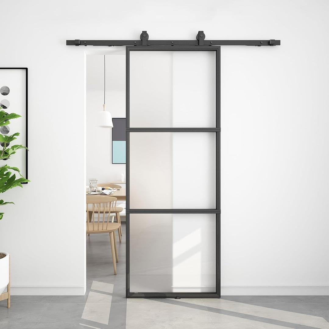 BARNSMITH 36in x 96in Frosted Glass Barn Door and 6FT Hardware kit Included, Soft Close Mechanism,Black Carbon Steel Tempered Frosted Glass Sliding Barn Door, Easy Assembly