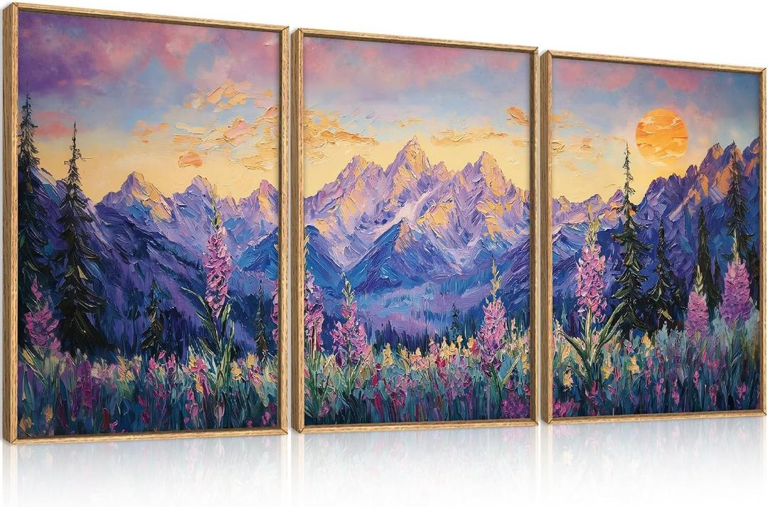 Vintage Purple Mountain Landscape Framed Canvas Wall Art Set-16"x24"x3