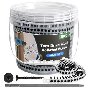 #8x2-1/2 Collated Drywall Screws, 1000PCS Wood Screws with Torx Drive, Black Drywall Screws with Sharp Point & Coarse Thread, Includes Free 150MM Star Bit