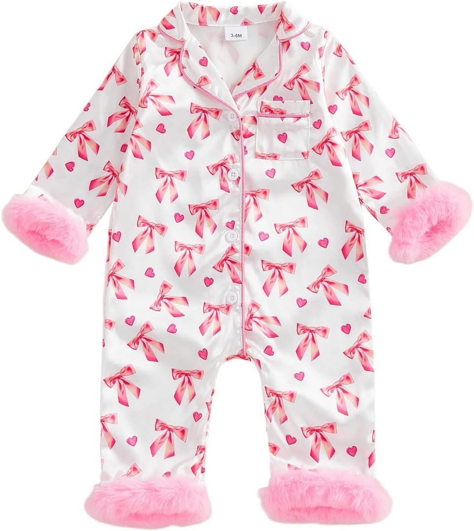 Baby Girl Easter Pajamas Newborn Bunny Carrot Cross Feather Trim Nightgown Jumpsuit Romper Cute Silk Pjs Sleepwear (6-12 Months, Heart and Bow White)