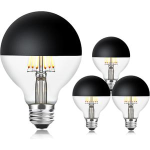 OMED G80 2200K Warm White Anti Glare Half Black Chrome LED Light Bulbs, E26 Dimmable Globe Dipped Edison Bulbs, 6 Watt 600 Lumens Large Black Tipped Round Bulbs for Bedroom, Living Room, 4 Pack