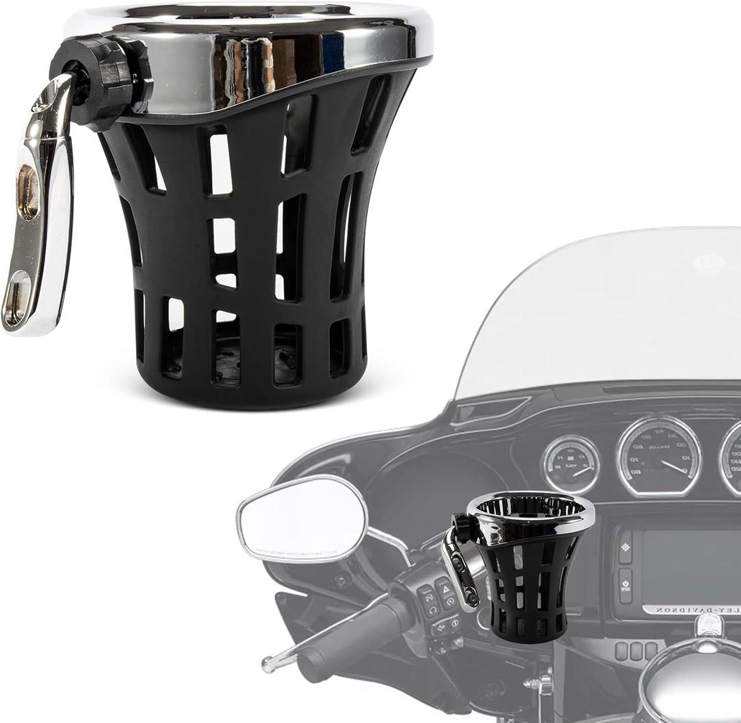 PSLER Motorcycle Drink Cup Holder Handlebar Mount Universal for Dyna Fat Bob Touring Road Glide Street Electra Glide Softail 1996-up Goldwing GL1800 2018-up (Chrome, 105mm)