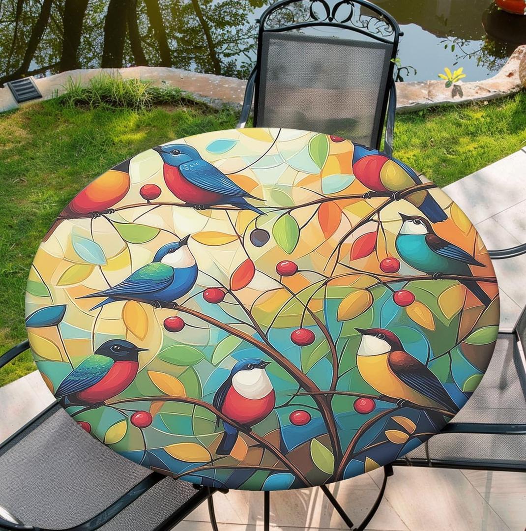 Yesad Fall Round Tablecloth 42"-46", Bird Round Table Cloth for Holiday Wedding, Polyester Elastic Tablecloth for Table, 48Inch