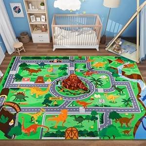 Car Rugs for Kids Toy Cars, 59"X39.4" Car Mat for Kid Cars, Non Slip Dino Safari Car Rug Play Mat, Washable Dinosaur Race Track Kid Rugs for Playroom Bedroom Boys, Track Rug Car Play Carpet for Kids