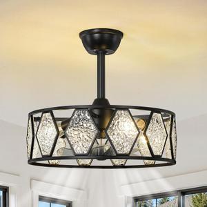 Crystal Caged Ceiling Fans Lights: 18.9'' Farmhouse Fandelier Ceiling Fan with Remote 6 Speeds Black Semi Flush Mount Industrial Chandelier Modern Low Profile Ventilador de Techo for Bedroom Kitchen