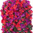 Artificial Bougainvillea Faux Flowers Plants Baskets for Outdoor Outside Decoration, 3PCS Fake Silk Flowers Long Trailing Vines UV Resistant Realistic for Front Door Porch Patio Balcony, PurpleRed