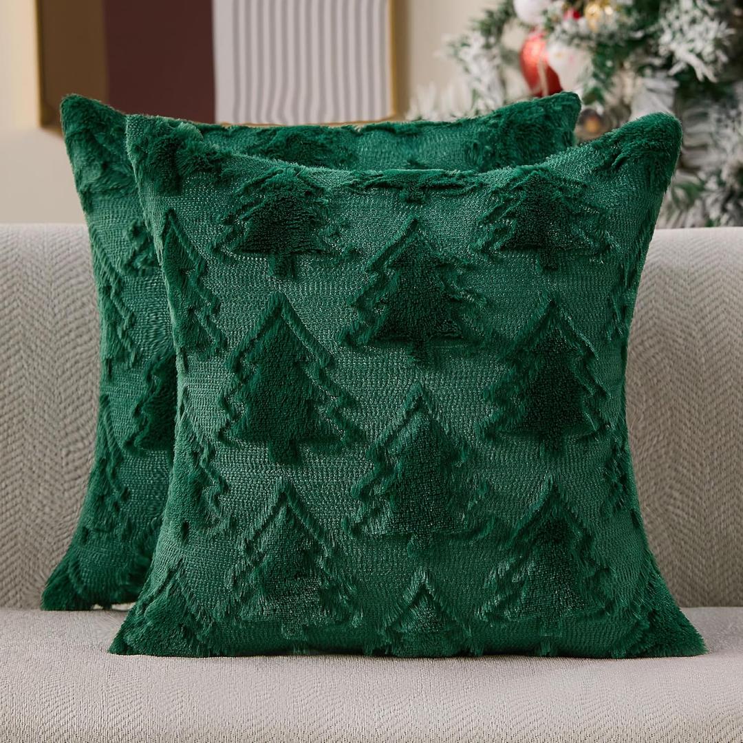 Christmas Pillow Covers 18x18 Set of 2 Green Double Christmas Tree Decorations Pillow Covers Soft Plush Faux Fur Decor for Xmas Winter Holiday Home Bedroom Sofa Cushion Cases PT-016A18