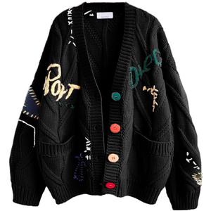 Women's Cable Knit Long Sleeve Open Front Cardigan Sheep V-Neck Button Down Embroidery Wool Blend Sweater Coat Outwear (Medium, Black)