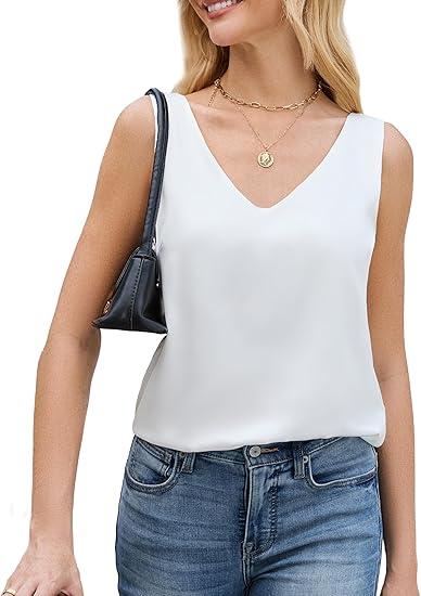 JTD Womens Silk Satin Tank Tops V Neck Dressy Casual Sleeveless Blouses Cami Camisole Summer Basic Tank Shirt, Small