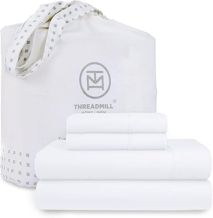Threadmill Cotton Queen Sheet Set | 100% Cotton Sheets for Queen Size Bed | Solid Sateen Queen Bed Sheets Set with 16” Deep Pocket | Soft Breathable 4-Piece Cooling Bedding Sheet Set | White