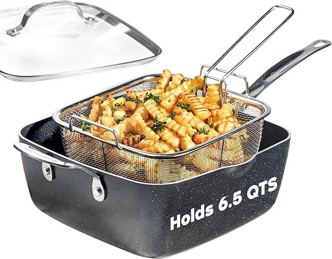 Granitestone Nonstick Fry Pan Set 9.5inch Deep Square Frying Pan Frying Basket Steamer Glass Lid 5 Pcs