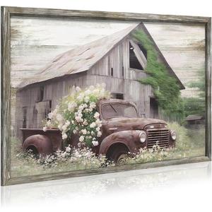 Framed Farmhouse Wood Wall Art: Country Old Truck Artwork Rustic Barn Wooden Painting for Bedroom, 24"L x 16"W