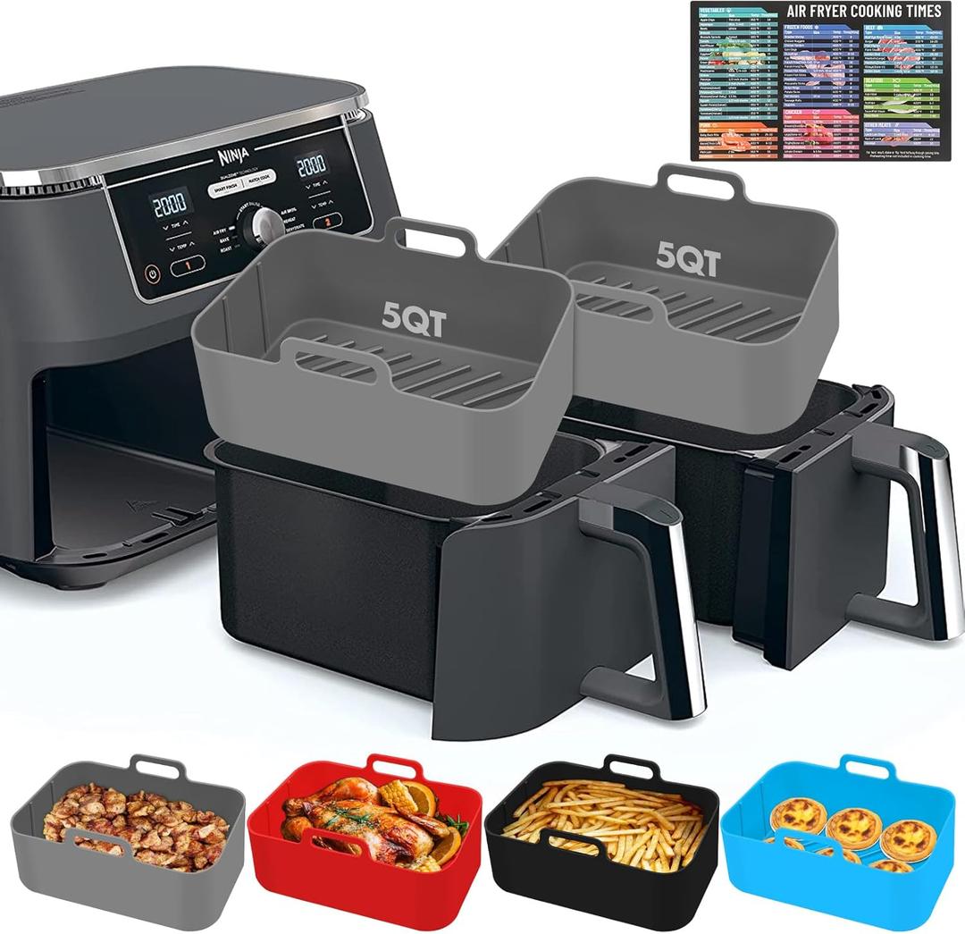 Silicone Air Fryer Liners 10QT, Reusable Airfryer Basket Liners Rectangular for Ninja DZ550/DZ401, 2Pcs 5QT Large Air Fryer Accessories,Replacement Basket Insert with Magnetic Cheat Sheet (2 Pcs Grey)