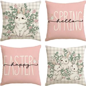AVOIN colorlife Happy Easter Buffalo Plaid Rabbit Pink Throw Pillow Cover, 20 x 20 Inch Eucalyptus Leaves Hello Spring Cushion Case Decoration for Sofa Couch Set of 4 (20" x 12" (Pack of 4))