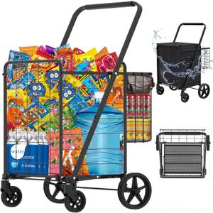 Heavy Duty Folding Shopping Cart for Groceries, Jumbo Grocery Carts with 360 Swivel Wheels, Waterproof Bag, Portable Utility Trolley for Daily, Laundry, Holds Up to 320 LBS