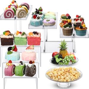 6 Pcs Acrylic Cake Stand Set Include 3 Pcs 3 Size Large Display Risers 1 Pack 3 Tier Cupcake Display Stand and 2 Round Dessert Tray Cake Table Holder for Wedding Baby Shower Party Decoration