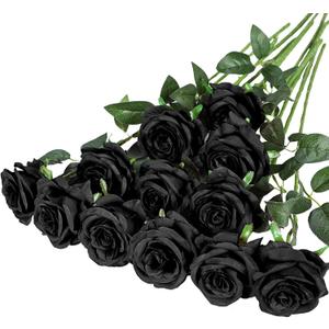 Hawesome 12PCS Artificial Silk Flowers Realistic Roses Bouquet Long Stem for Home Wedding Decoration Party (12PCS-Black)