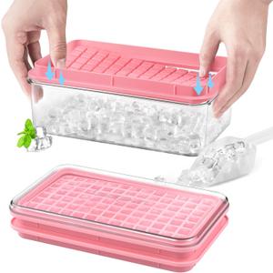 Longzon Mini Ice Cube Tray with Lid and Bin, 273 Pcs Small Ice Cube Trays for Freezer, Ice Cube Mold Spill-Resistant Removable Lid&Ice Scoop, Ice Mold for Whiskey Cocktail, Tea,Coffee-Pink