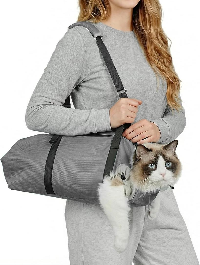 Cat Carrier Pouch, Soft Cat Grooming Restraint Bag for Vet Visits, Nail Trimming & Medication, Comfortable Cats Carry Bag with Bottom Support for Car Travel, Grey,L