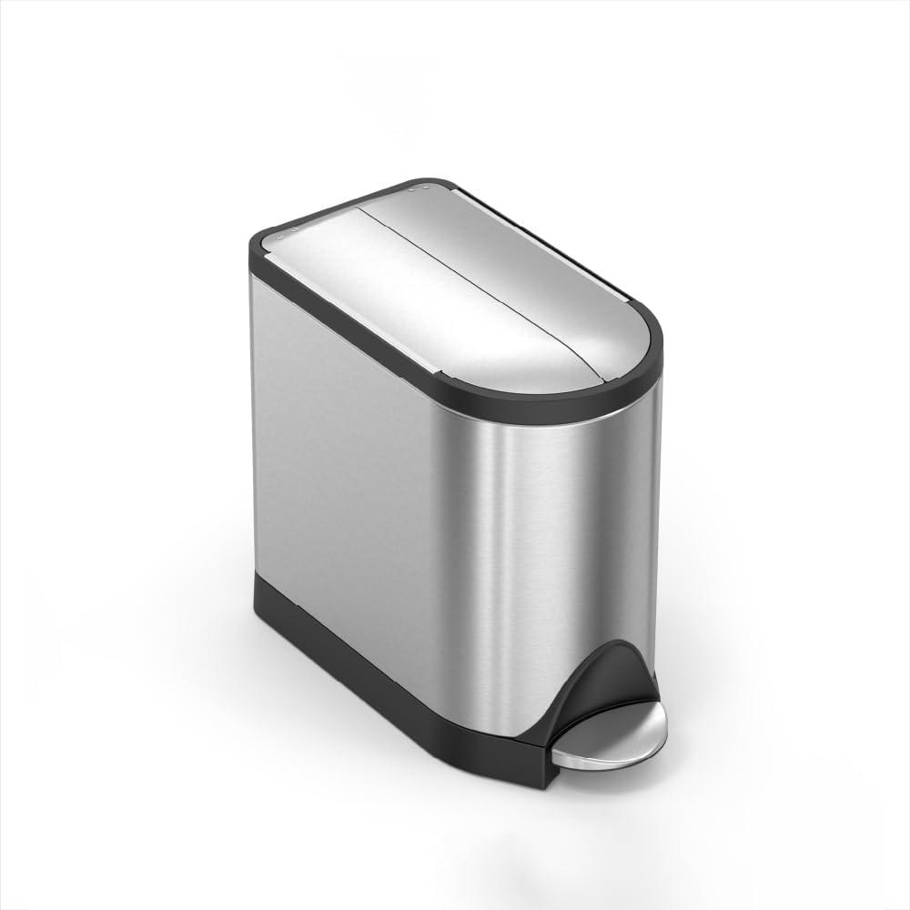 simplehuman 10 Liter / 2.6 Gallon Butterfly Lid Bathroom Step Trash Can, Brushed Stainless Steel with Black Trim