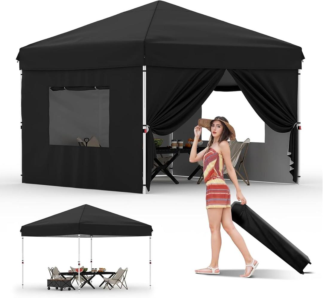 10X10 Pop Up Canopy Tent with 4 Sidewalls, Heavy Duty Commercial Instant Shelter, One-Person Quick Setup Outdoor Party Tent, Water-Resistant & Portable for Outdoor Events, Camping, Black