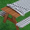 Sorfey Picnic Table Cover with Bench Covers -Fitted with Elastic, Vinyl with Flannel Back, Fits for Table 30"x 96" Rectangle, Water Proof, Checked Grey Design