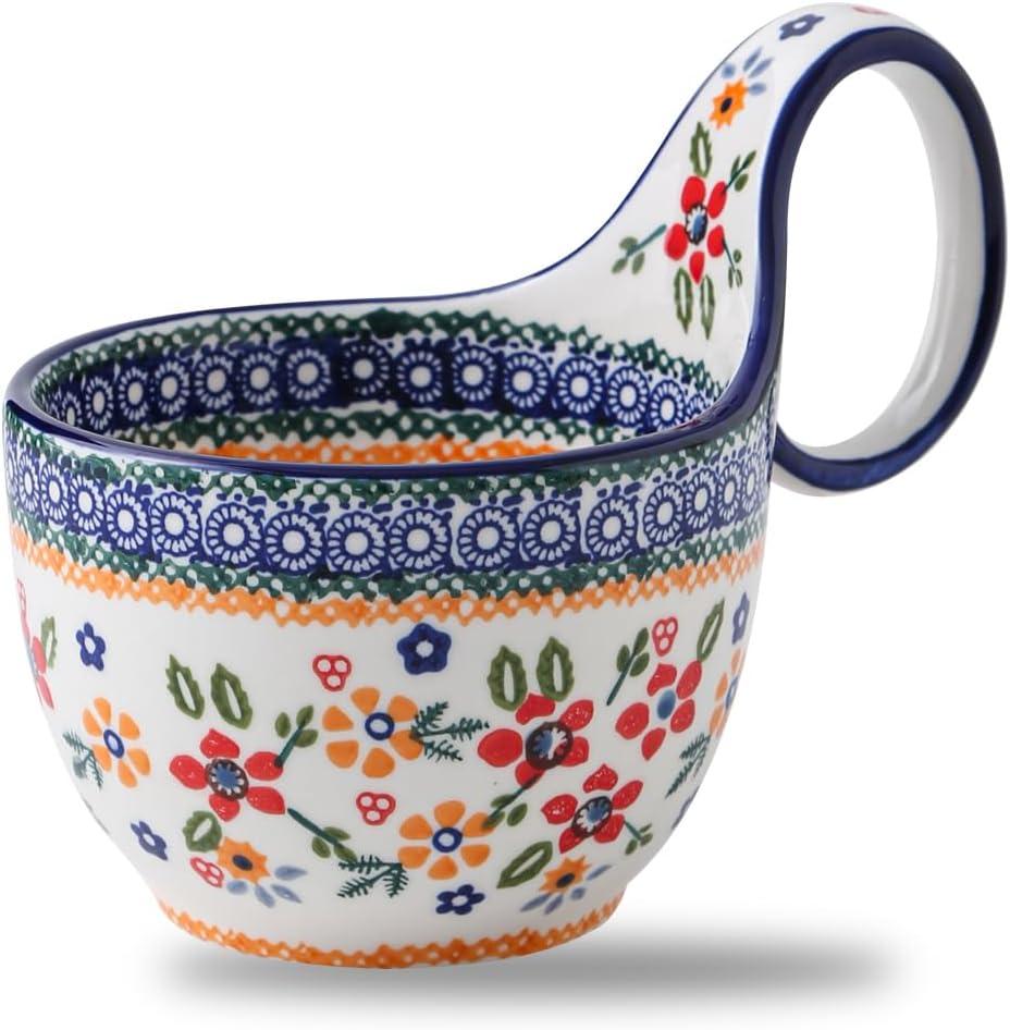 18oz Soup Bowl with Large Loop Handle, Handpainted Decorative Polish Pottery Mug Cup, Ceramic Soup bowl for Soup Cerea Pho Pasta Fruits Stew Ice cream Dishwasher Microwave Oven Safe