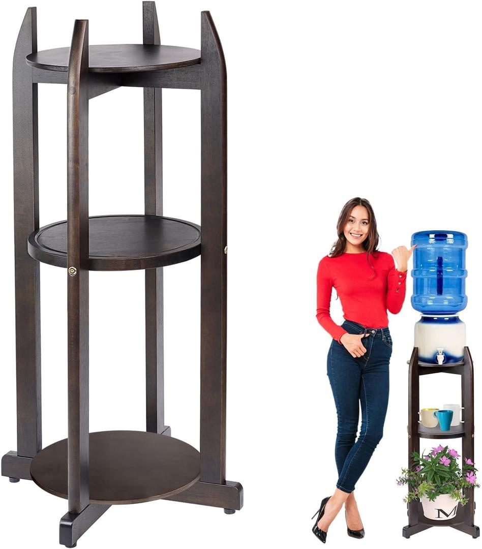 Natural Solid Wood Water Dispenser Floor Stand (32.8" Hight-11.2" Wide) Drink Dispenser Floor Stand with 3 Round Shelfs Included for 1-5 Gallon Water Bottles/Crocks, Water Jug (Walnut Color)