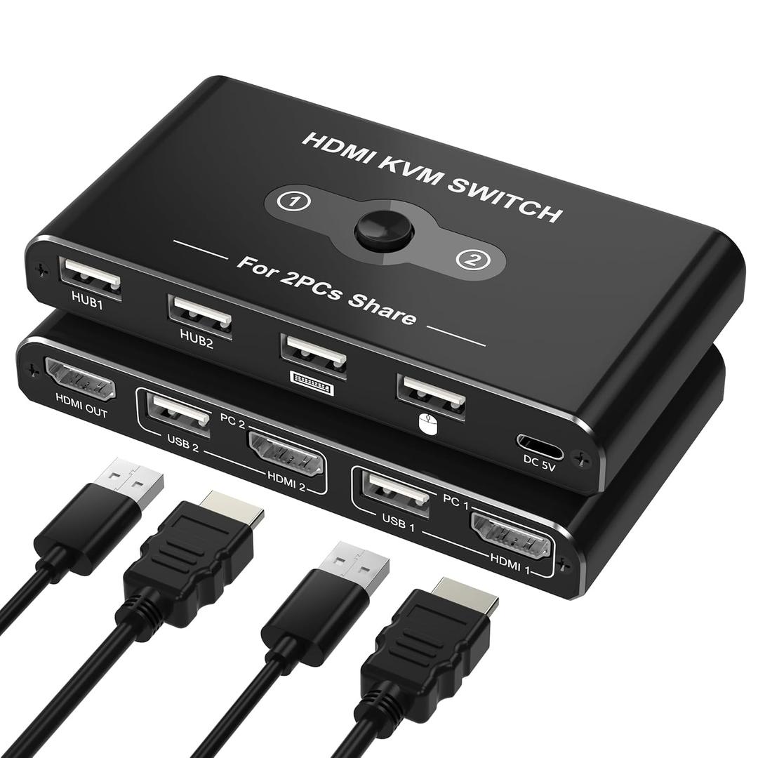KVM Switch for 1 Monitor 2 Computers, 4K@60Hz HDMI KVM Switcher, HDMI USB Hub Switches for PC/Mac Pro/Laptop, Plug and Play, Share Keyboard Mouse Printer, with 2 USB Cables and 2 HDMI Cables