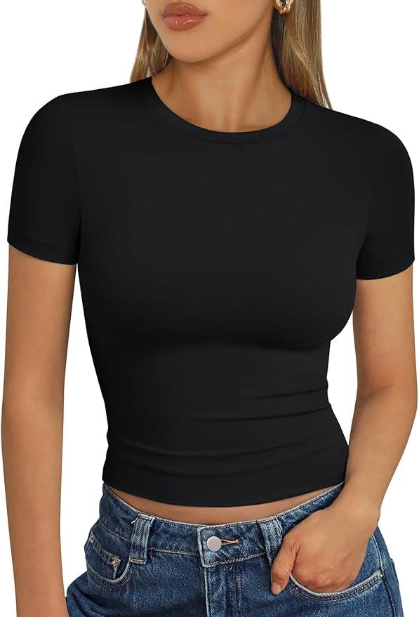 Trendy Queen Womens Basic T Shirts Summer Tops 2025 Short Sleeve Crop Tops Slim Fit Gym Workout Y2k Clothes, Medium
