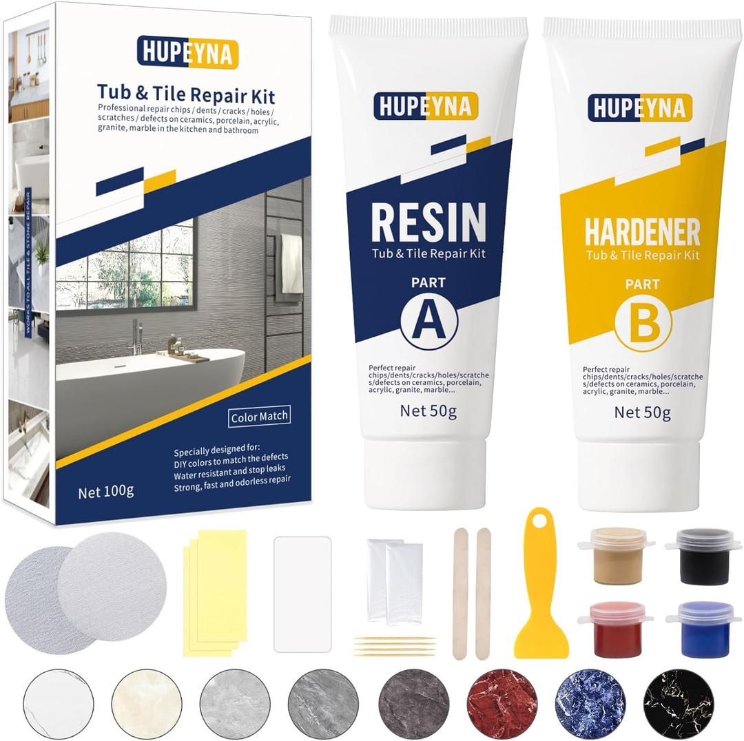 Tub, Tile and Shower Repair Kit (Color Match), Hupeyna Porcelain Repair Kit, Bathtub Repair Kit for Chips Dents Cracks Holes Scratchs, etc. Fiberglass Repair Set - Offer More Color Options