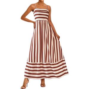 PRETTYGARDEN Womens Boho Floral Striped Summer Maxi Dresses Spaghetti Strap, Striped White Red Brown (M)
