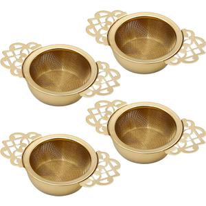 304 Stainless Steel Tea Drain Strainer Tea Filter Mesh Tea Drip Bowls Teapot Strainer With Petal Handles Tea Divider, Pack Of 4 (Gold)