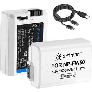Artman NP-FW50 Replacement Battery 2-Pack 1500mAh with Upgraded Type-C Charging for Sony ZV-E10, A7S II, A7S, A7R II, A7R, A7 II, A7, Alpha A6500 A6400 A6300 A6000 A5100 A5000, RX10 II III IV Cameras