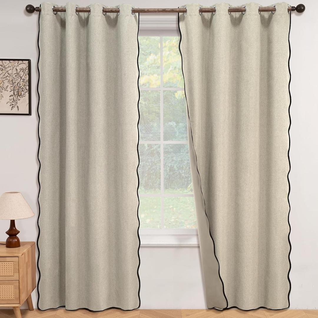 ColorBird Linen Blackout Curtains 84 Inches Long Scalloped Neutral 100% Black Out Winter Thermal Insulated Curtains & Drapes for Living Room Bedroom Dining Room Nursery Window Treatment
