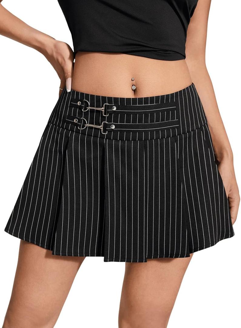 SweatyRocks Women's High Waist Pleated Skirt Stripe Print School A Line Mini Skirts (Medium)