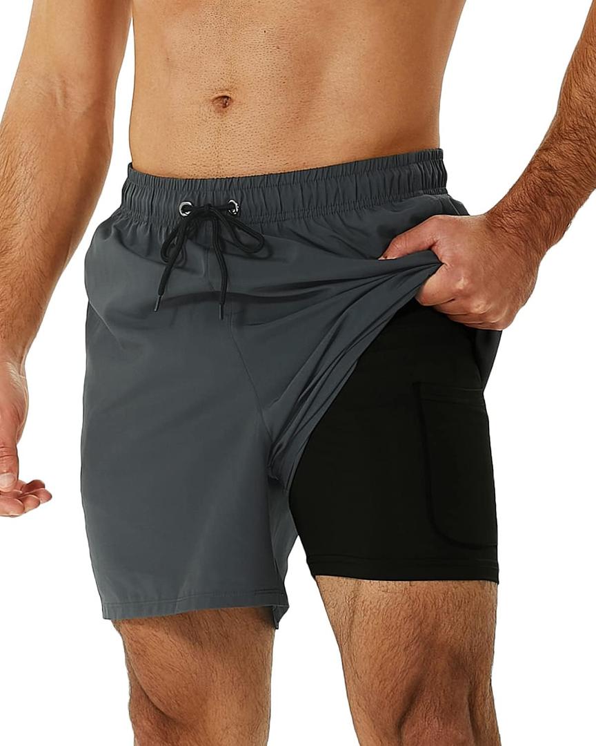 SILKWORLD Mens Swimming Trunks with Compression Liner 2 in 1 Quick-Dry Swim Shorts with Zipper Pockets (Large, Dark Grey)