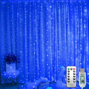 300 LED Fairy Lights, Twinkle Lights with 8 Light Modes, 9.8x9.8Ft Curtain String Lights Remote Control for Christmas, Bedroom, Indoor, Outdoor, Weddings, Party, Camping Decor (Blue) (Copper Wire-Blue)