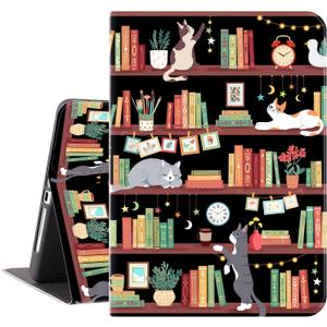 iPad Air 2 Case/iPad Air 1st Case, iPad 9.7 Case for iPad 5th/6th Generation Case 2017/2018 Kids Men Women Soft Back Shockproof Cover Multi -Angle View Adjustable Stand Auto Wake/Sleep Bookshelf Cat