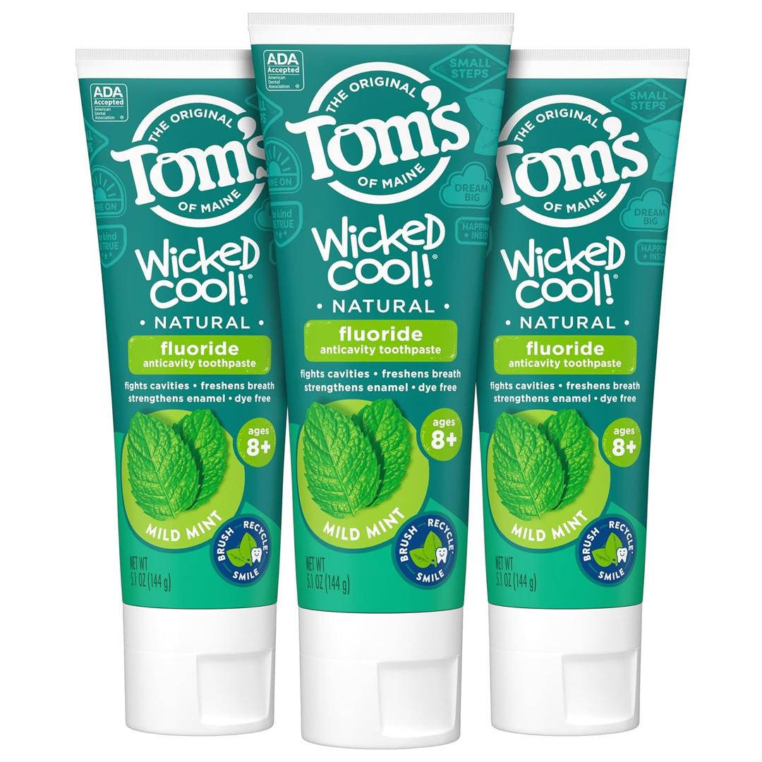 Tom's of Maine ADA Approved Wicked Cool! Fluoride Children's Toothpaste, Natural Toothpaste, Dye Free, No Artificial Preservatives, Mild Mint, 5.1 oz. 3-Pack