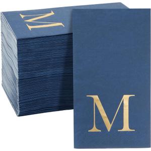 Sparkle and Bash 100 Pack Navy Blue Monogrammed Napkins with Letter M - Dinner, Wedding Reception, or Engagement Party - Disposable Navy Blue Paper Napkins (4x8 Inches)