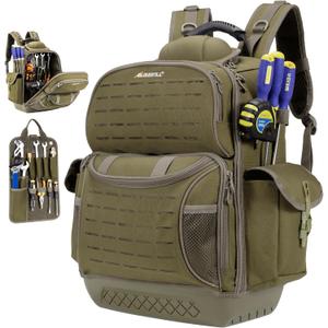 BLISSWILL Tool Bag Backpack for men,Heavy Duty Tool Backpack Bag with Waterproof Molded Base62 Pockets/40 Loops Heavy Duty Tools Organizer Bags/Electrician/Industrial/Construction Work Backpack (Dark Khaki)
