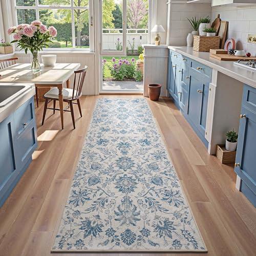 jinchan Torino Runner Rugs 3x8, Vintage-Inspired Floral Design Machine Washable Non-Slip Ultra-Thin Low-Pile Rubber Backing Traditional Rug for Kitchen Hallway Laundry Room Entryway Dark Blue