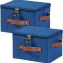 2PCS Storage Bins Box with Zipper Lid Combination Lock PU Leather Handles Cotton Linen Fabric Lidded Lockable Basket Foldable Washable Closet Shelf Organizer Container (Deep Blue, Small)