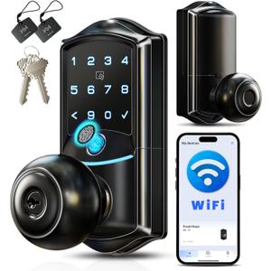 Veise VE028 Built-in Wi-Fi Smart Lock with Knob, Fingerprint Keyless Entry with Handle, App Remote & Voice Control, Electronic Digital Keypad for Front Door and Bedroom, IP65 Waterproof, Matte Black
