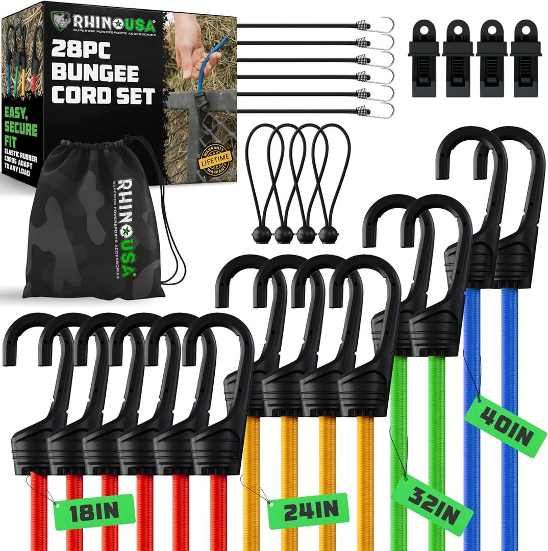 Rhino USA Bungee Cords with Hooks (28-Piece) Heavy Duty Outdoor Bungee Straps with Small, Short and Long Sizes - 4 Free Tarp Clips, Drawstring Bag, Canopy Ties & Ball Bungie - UV & Weather Resistant