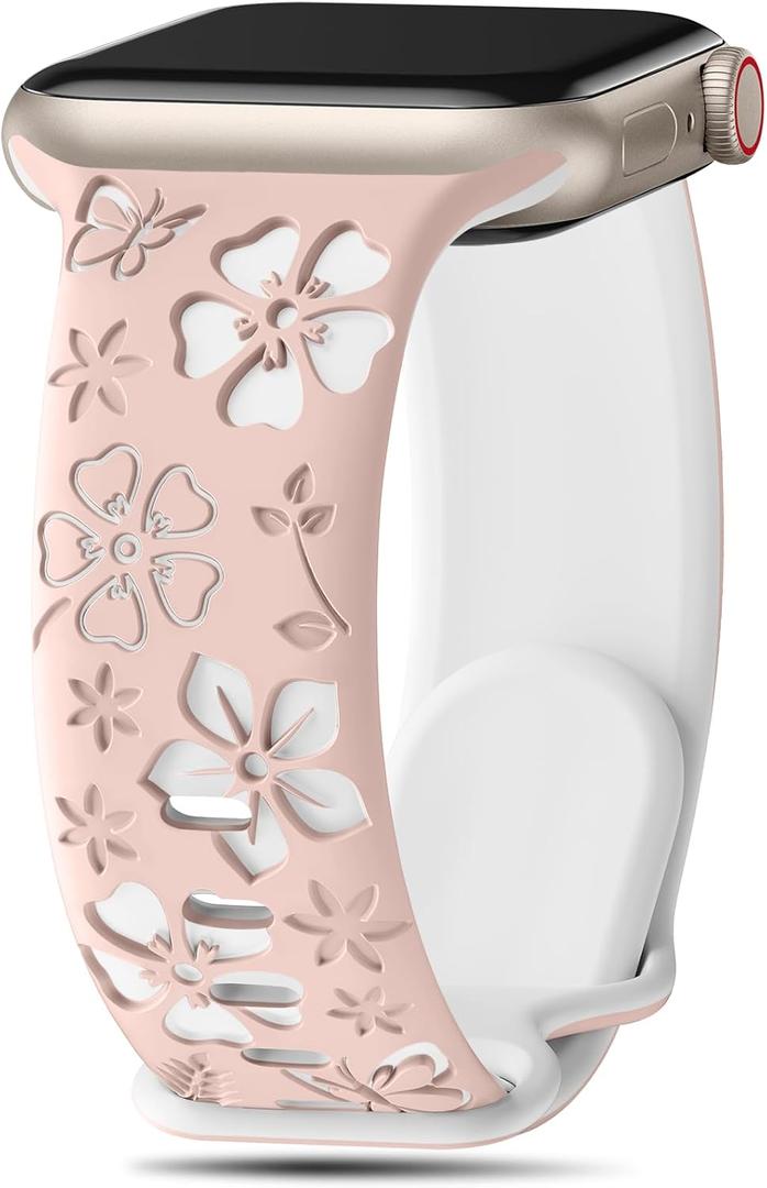 Floral Engraved Band Compatible with Apple Watch Band Women 40mm 38mm 41mm 42mm 44mm 45mm 46mm 49mm, Soft Silicone Two-Tone Flower Sport Strap for iWatch Series 10 9 8 7 6 5 4 3 2 1 SE Ultra (Sandpink/White)