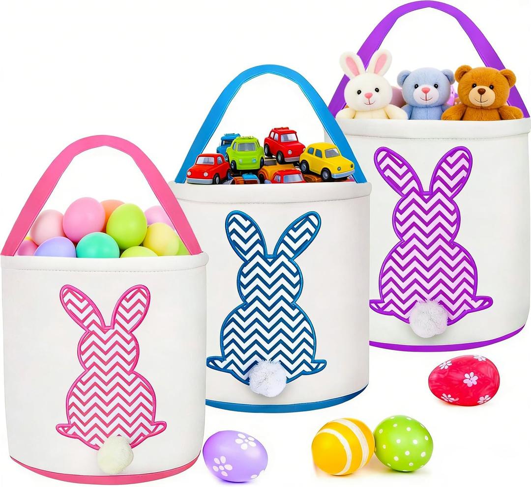 TURNMEON 3 PCS Easter Bunny Basket, Kids Easter Egg Hunts Bucket Tote Decorations Personalized Easter Baskets with Handle Candy Gifts Storage for Boys and Girls