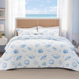 Bedsure Coastal Quilt Bedding - King Size Reversible Summer Beach Quilt Bedding, Lightweight Ocean Bedspread, Shell Parttern Coverlet for All Seasons (106"x96") (12 - Ocean Coral)