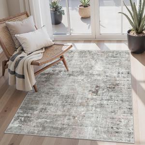 Area Rugs 4x6 for Living Room, Vintage Washable Rugs for Dining Room, Kitchen, Non-Slip Area Rug Pink Grey
